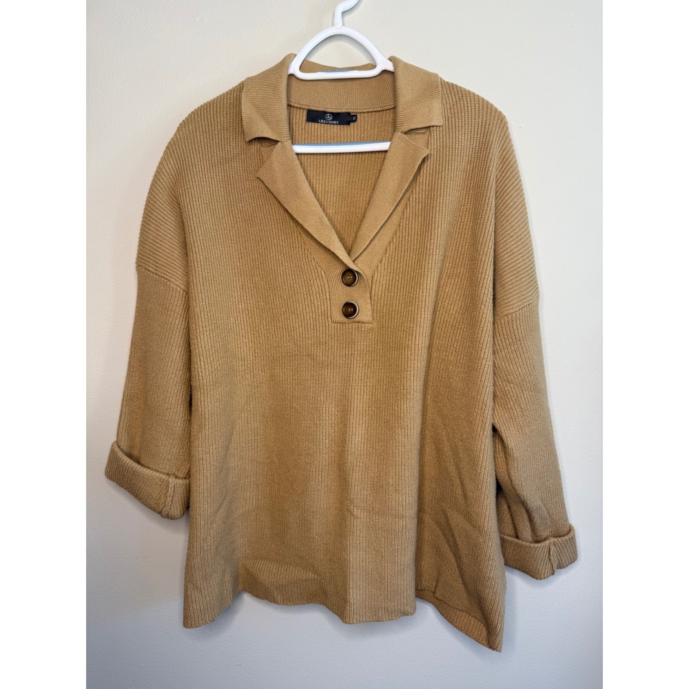 Lillusory Womens XL Tan Brown Knit Collar Button Up Sweater Pullover Top